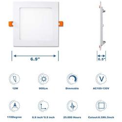 ANC 6 inch 120V IC Rated LED Recessed Low Profile Square Panel Light, Dimmable Wafer Light, 12W 5000K 900lm Canless Downlight, ETL Listed 6 Pack
