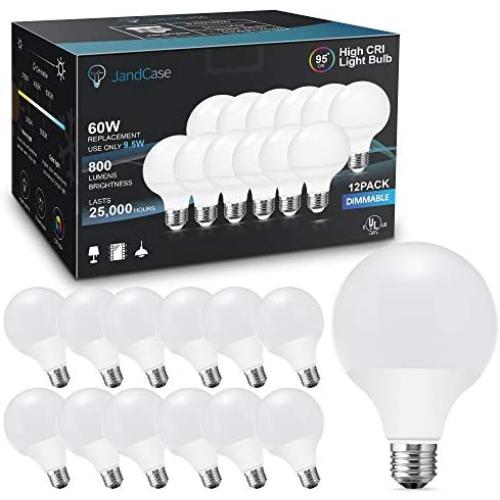 12 Pack G25 LED Vanity Light Bulb CRI 95, JandCase 60W Equivalent Dimmable Globe Bulb, 5000K Daylight White, 9.5W, 800LM, Low Blue Light for Makeup Mirror, Bathroom, E26 Base, UL Listed