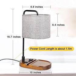 ZEEFO Bedside Table Lamp, USB & Type C Charging Ports & 3-Prong AC Outlet Desk Lamp, Retro Walnut Solid Wood Base Light Luxury Nightstand Lamps with Grey Lampshade Ideal for Bedroom,Living Room,Office