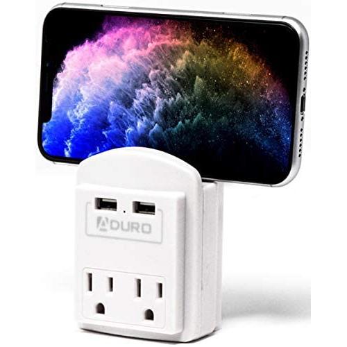 Aduro Surge Protector 2 Outlets Power Strip Station with 2 USB Ports Multiple Outlet Splitter Extender Adapter with Phone Shelf Stand ETL Listed, White