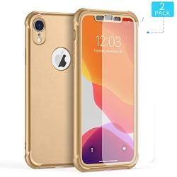 ORETECH Designed for iPhone XR Case, with[2 x Tempered Glass Screen Protector] 360 Full Body Shockproof Anti Scratch Protection Cover Hard PC Soft Rubber Silicone Case for iPhone XR 6.1 2018 Gold