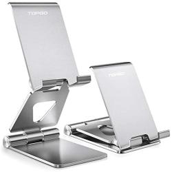 Cell Phone Stand Holder Adjustable Increase Fully Foldable Thick Aluminum Desktop Cradle Dock with Anti-Slip Base and Convenient Charging Port for iPhone for Bedside Table, Ofice, Desk-Silver