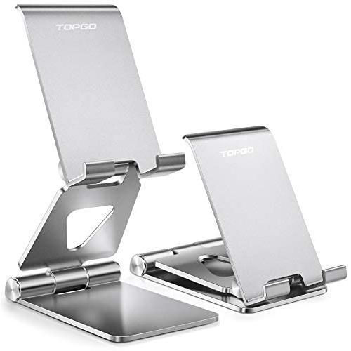 Cell Phone Stand Holder Adjustable Increase Fully Foldable Thick Aluminum Desktop Cradle Dock with Anti-Slip Base and Convenient Charging Port for iPhone for Bedside Table, Ofice, Desk-Silver