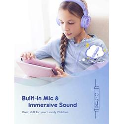 iClever Kids Headphones for Girls with Microphone - 85/94dB Volume Control, Wired Headphones for Kids, Adjustable Headband, Foldable - Childrens Headphones for iPad/Tablet/Airplane/School, Purple