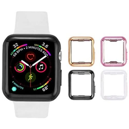 Tranesca 4 Pack 38mm Apple Watch case with Built-in HD Clear Ultra-Thin TPU Screen Protector Cover Compatible with Apple Watch Series 2 and Apple Watch Series 3 38mm - Clear+Black+Gold+Rose Gold
