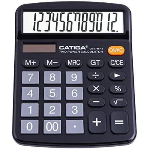 Desktop Calculator 12 Digit with Large LCD Display and Sensitive Button, Solar and Battery Dual Power, Standard Function for Office, Home, School, CD-2786 (Black)