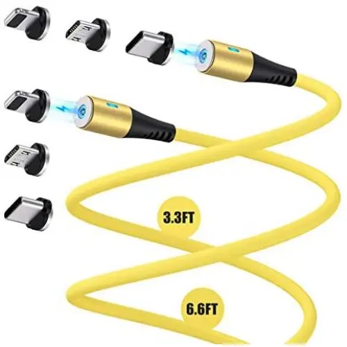 Melonboy Magnetic Charging Cable(2 Pack, 3.3ft/6.6ft), Soft & Tangle-Free Liquid Silicone Cable, 3 in 1 Magnetic Phone Charger Cable Compatible with Type-C, Micro USB and iProduct Devices - Yellow