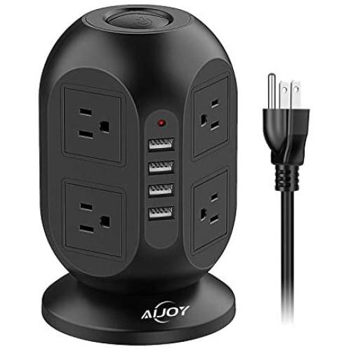 AiJoy Surge Protector Power Strip Tower 8 AC Outlet 3.1A 4 USB Ports for Fast Charging with Extension Cord 10FT