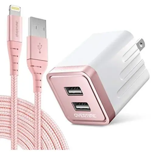 iPhone Charger Set, Overtime Apple MFi Certified Lightning Cable with Dual USB Wall Adapter 2.4 AMP Compatible w/iPhone 11 Pro Max XS XR X 8 7 6S 6 Plus SE AirPods iPad (Rose Gold/Rose Gold, 6ft)