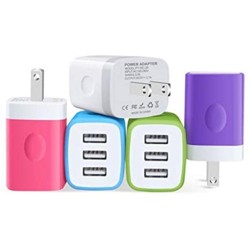 Charger Plug, Charging Block Sicodo 5-Pack 3.1Amp 3-Port USB Charger Cube for iPhone X/8/7/6S/6S Plus/6 Plus/6, Samsung Galaxy, LG, HTC, Moto, Kindle Charger Box
