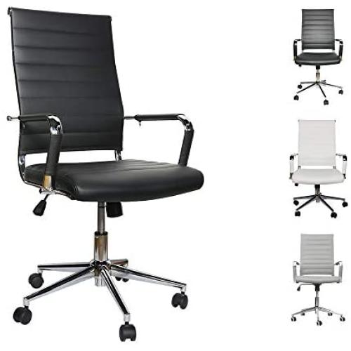LUCKWIND Ergonomic Office Chair Ribbed Leather Swivel - Adjustable Height Tilt Arm Sleeves Lumbar Support High Back Upholstery Executive Modern Conference Computer Chrome Wheel Caster 350lb Big Black