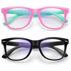 Zasun Kids Blue Light Blocking Glasses 2 Pack, UV Protection & Anti Eyestrain Computer Video Gaming Glasses for Kids Boys Girls Age 3-12 (Pink Green +Black)