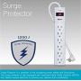 KMC 6-Outlet Surge Protector Power Strip with 15-Foot Cord, 1200 Joule, Overload Protection