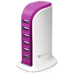 USB Tower Power Adapter 6-Port Smart IC Tech Charging Station with Quick Charge 2.1 for Phone, Tablets, and More (Rose Red)
