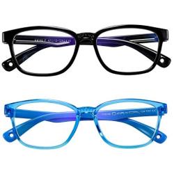 AHXLL Kids Blue Light Blocking Glasses 2 Pack, Anti Eyestrain & UV Protection, Computer Gaming TV Phone Glasses for Boys Girls Age 3-9 (Black+Transparent Blue)