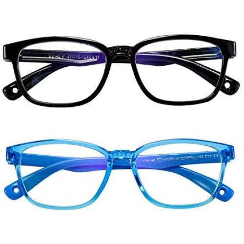 AHXLL Kids Blue Light Blocking Glasses 2 Pack, Anti Eyestrain & UV Protection, Computer Gaming TV Phone Glasses for Boys Girls Age 3-9 (Black+Transparent Blue)