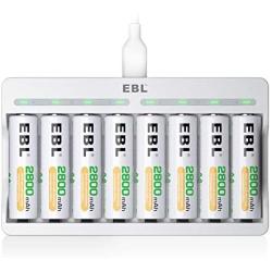 EBL Rechargeable AA Batteries 2800mAh 8 Pack and 8-Bay AA AAA Individual Rechargeable Battery Charger with 5V 2A USB Fast Charging Function