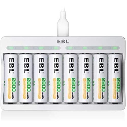EBL Rechargeable AA Batteries 2800mAh 8 Pack and 8-Bay AA AAA Individual Rechargeable Battery Charger with 5V 2A USB Fast Charging Function