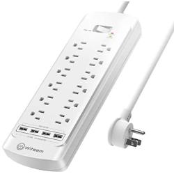 Surge Protector with USB (4360 Joules), Witeem 12 Outlets Power Strip and 4 USB Charging Ports (5V/3.4A), Flat Plug, 1875W/15A, 6 Feet Heavy Duty Extension Cord, ETL Listed, White