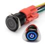 STARELO 16MM 5/8'' Latching Push Button Switch 5A 12V 1NO1NC SPDT ON/OFF Waterproof Aluminum Black Shell with Power Symbol Ring LED with Wire Socket Plug (Blue)
