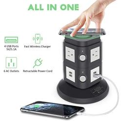 Power Strip Tower with 10W Wireless Charger, QBA Vertical Charging Station 3000W 13A Spin Standing Surge Protector with 6 AC Outlets+4 USB Ports+6.5ft Extension Cord for Home Office Classroom