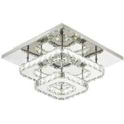 Ganeed Crystal LED Ceiling Light,12 Inch Stainless Steel K9 Modern Flush Mount Lights Fixture,Two Layers Square Chandelier Ceiling Lamp for Dining Living Room Bedroom(36W / 6500K / Cool White)