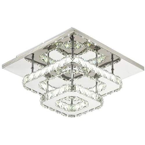Ganeed Crystal LED Ceiling Light,12 Inch Stainless Steel K9 Modern Flush Mount Lights Fixture,Two Layers Square Chandelier Ceiling Lamp for Dining Living Room Bedroom(36W / 6500K / Cool White)