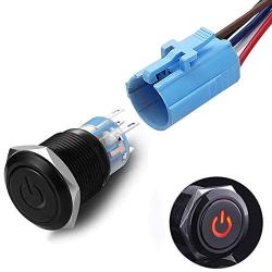 Quentacy 19mm Latching Push Button Switch 12V Power Symbol Light 1NO1NC SPDT ON/OFF Black Metal Shell Waterproof Toggle Switches with Wire Socket Plug 3/4'' Mounting Hole (Red)