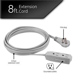 GE, Gray, Indoor Extension Cord, Extra Long 8ft Power Cable, 3 Grounded Outlets, Low-Profile Right-Angle Flat Plug, 16 Gauge, UL Listed, 43027