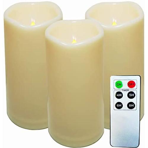 SWEETIME Waterproof Flameless Candles with Timer &Remote Control, Outdoor Battery Operated LED Pillar Candles with Waved Edge Realistic Flickering, Set of 3(D 3''x H 6'')