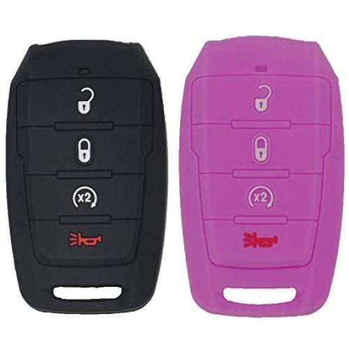 WEIBISS 2 Pack 4 Buttons Rubber Silicone Smart Key Cover Case Shell Fob Holder Bag Keyless Protector Fit for Dodge Ram 1500 2019 2020 OHT-4882056 68401332AA, Black Purple