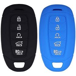 Lcyam Key Fob Cover Silicone Case Remote Holder Compatible with 2019 2020 2021 Hyundai Palisade Keyless Push Start 5 Button (Black Blue)