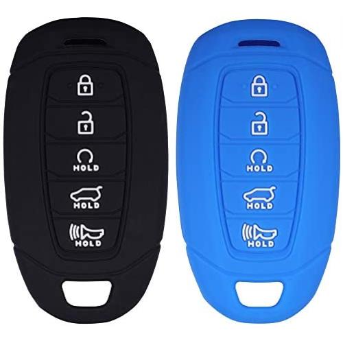 Lcyam Key Fob Cover Silicone Case Remote Holder Compatible with 2019 2020 2021 Hyundai Palisade Keyless Push Start 5 Button (Black Blue)