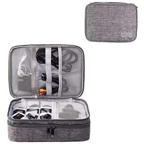 Uzsoeey Electronics Accessories Travel Organizer Bag - Waterproof Portable Double Layer Cable Storage Bag for Charger, Phone, Mini Tablet, SD Card, Gray