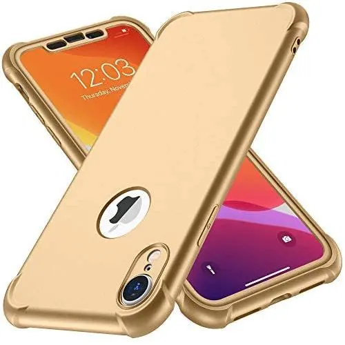 ORETECH Designed for iPhone XR Case, with[2 x Tempered Glass Screen Protector] 360 Full Body Shockproof Anti Scratch Protection Cover Hard PC Soft Rubber Silicone Case for iPhone XR 6.1 2018 Gold