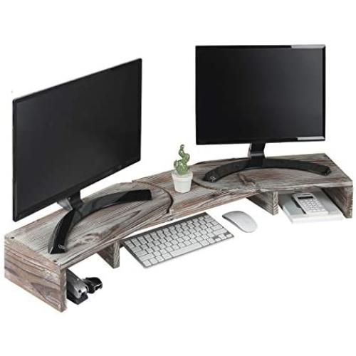J JACKCUBE DESIGN Rustic Wood Dual Monitor Stand with Adjustable Angle Riser 2 Monitors Office Desk Organizer Computer Table top Screen Shelf for PC TV Laptop - MK547A