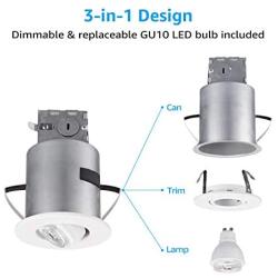 TORCHSTAR Gimbal Recessed Lighting Kit, 3 Inch Air Tight IC Rated Housing, White Trim, LED Dimmable GU10 Bulb, ETL Listed, 2700K Soft White, Adjustable Downlight, Pack of 6