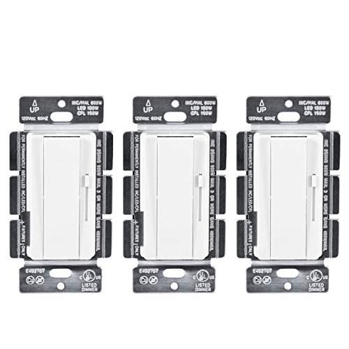 Hyperikon LED Dimmer Switch 3 Way Wall Switch/Single Pole Rocker and Slide Dimmer Light Switch, 150W LED/CFL, 700W Incandescent and Halogen Fixtures, White, UL - Wallplate Not Included, 3 Pack