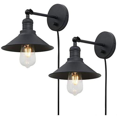 Phansthy Matte Black Bathroom Vanity Light Plug in Sconce Wall Sconces with dimmable Switch and 7.9 Inches Metal Light Shade 2 Packed