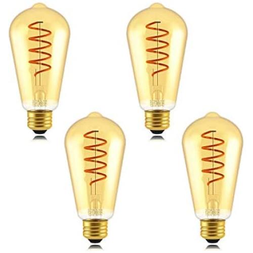 40W Equivalent Dimmable ST64(ST19) LED Flexible Spiral Filiment Edison Lights Bulbs, Vintage Amber Glass LED Reading/Bedroom/Bar Lighting, Warm White 2000K, E26, 4 Pack