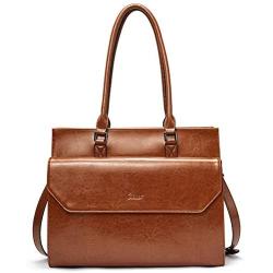 Briefcase for Women Oil Wax Leather Vintage 15.6 Inch Laptop Business Shoulder Bag Brown