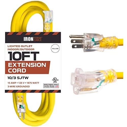 10 Foot Lighted Outdoor Extension Cord - 10/3 SJTW Yellow 10 Gauge Extension Cable with 3 Prong Grounded Plug for Safety - Great for Garden and Major Appliances