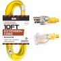 10 Foot Lighted Outdoor Extension Cord - 10/3 SJTW Yellow 10 Gauge Extension Cable with 3 Prong Grounded Plug for Safety - Great for Garden and Major Appliances