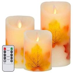 Flameless Candles Light, VEEKI Battery Candles Warm White Flameless Pillar Candles Moving Wick Flameless Candles Flickering Led Candles with Remote Control Timer Decorative Candles (Maple Leaf)