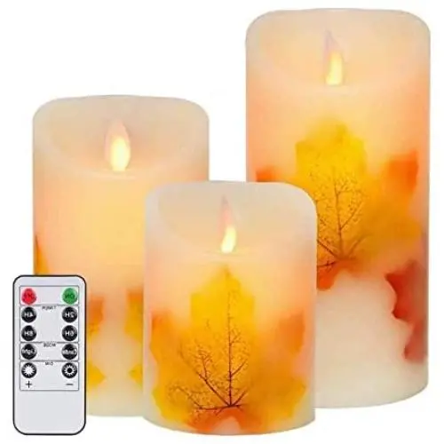 Flameless Candles Light, VEEKI Battery Candles Warm White Flameless Pillar Candles Moving Wick Flameless Candles Flickering Led Candles with Remote Control Timer Decorative Candles (Maple Leaf)