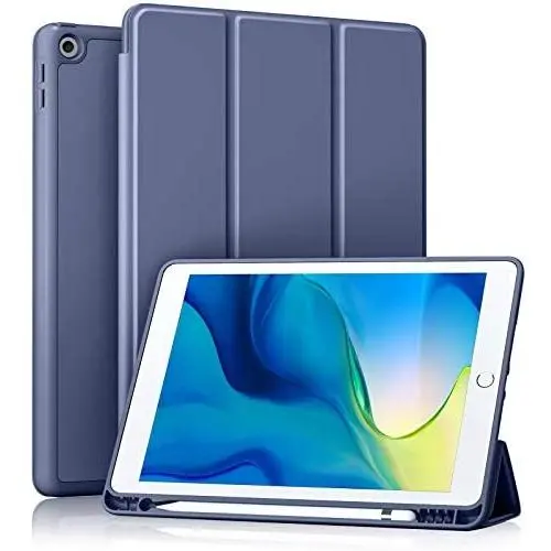 Akkerds Case Compatible with iPad 10.2 2020 iPad 8th Gen/2019 iPad 7th Gen with Pencil Holder, Protective Case with Soft TPU Back, Auto Sleep/Wake Cover Compatible for iPad 8th/7th Gen, Blue Gray