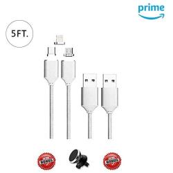 2 Pack CoolKo Strongest Magnet 2.1 A, 5 Feet (1.5M) Silver Magnetic Braided Fastest Cable Compatible for All i-Product, Type C and Micro USB Android Smart Phones and Tablets