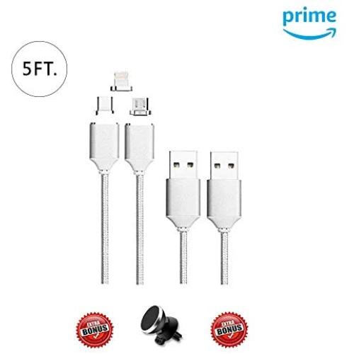 2 Pack CoolKo Strongest Magnet 2.1 A, 5 Feet (1.5M) Silver Magnetic Braided Fastest Cable Compatible for All i-Product, Type C and Micro USB Android Smart Phones and Tablets
