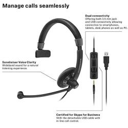 Sennheiser SC 45 USB MS (507083) - Single-Sided Business Headset | For Skype for Business, Mobile Phone, Tablet, Softphone, and PC | HD Sound & Noise-Cancelling Microphone (Black)