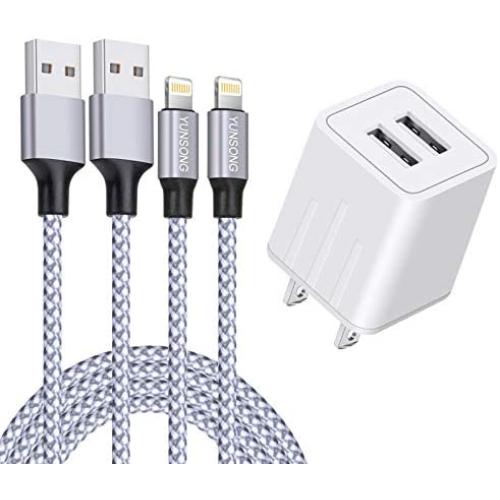 iPhone Charger, YUNSONG Nylon Braided Lightning Cable 2Pack 6ft Data Sync Transfer Cord 2-USB Rapid Charging Plug Wall Charger Compatible with iPhone 11 Pro Max XS XR X 8 7 6S 6 Plus SE 5S (UL Listed)